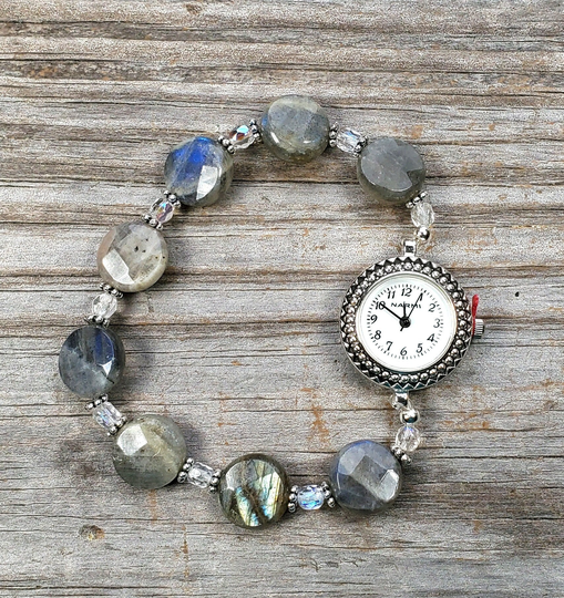 Labradorite Faceted Coin & Fire Polish Czech Glass Bracelet Watch, Very Durable Stretchy Band, Blue Shiller