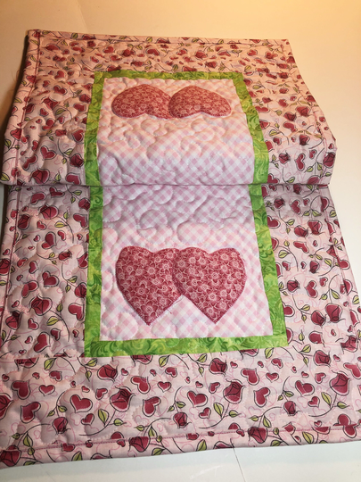 Valentine's Day Quilted Table Runner, Hearts & Flowers in Pretty Pinks 14.5" By 34"