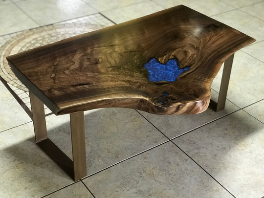 Live Edge Black Walnut Coffee Table with Blue Lake Inlay