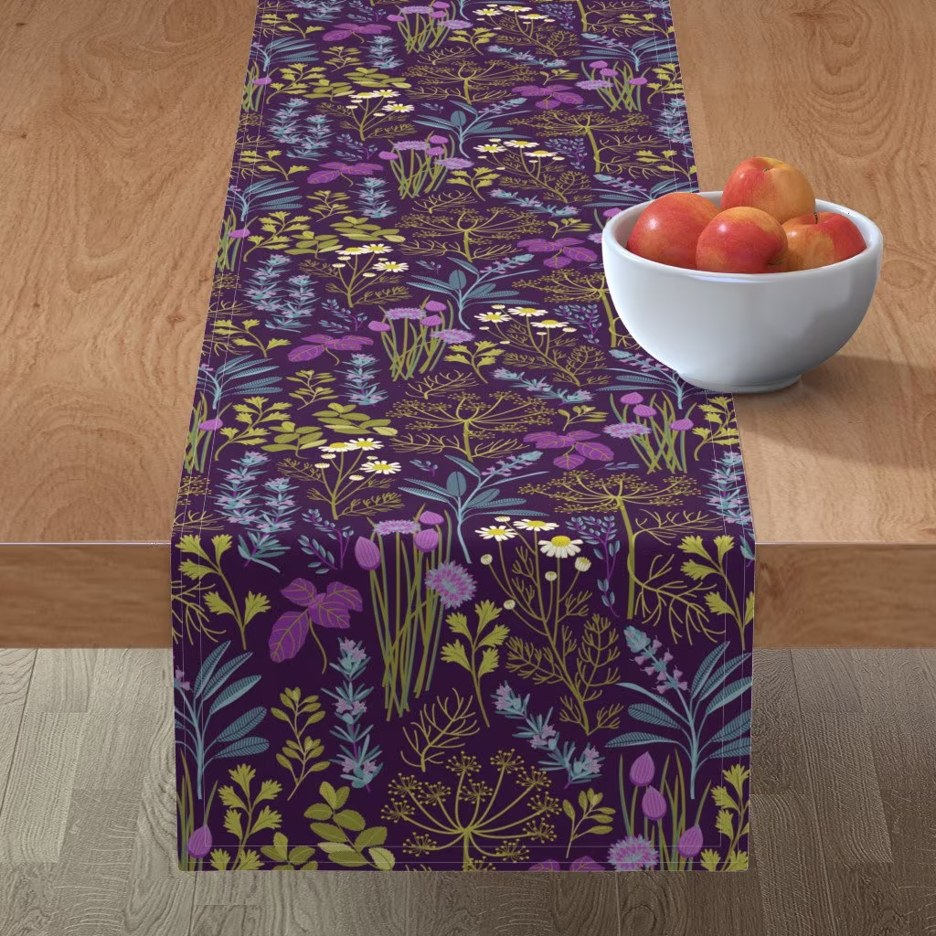 Herb Garden Table Runner - Herbs By Cjldesigns Modern Botanical Green Purple Summer Cotton Sateen Spoonflower