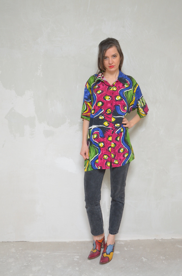 Abstract Colorful Print Shirt/Vintage 90S Multi Color Short Sleeve Oversized Blouse - Size Medium/Small