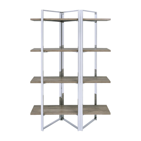 Bookshelf with 4 Wooden Fixed Shelves in Chrome Finish