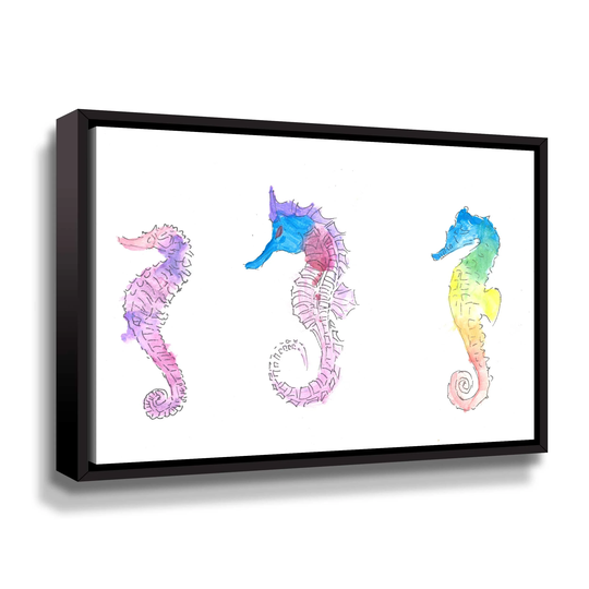 Seahorses Colorful Rainbow Trio Gallery Wrapped Floater-framed Canvas