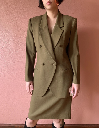 80S Skirt Suit Set Structured Olive Green Blazer Oversized Statement Collared High Waist Pencil