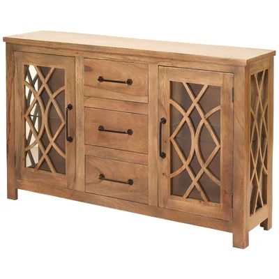 64 Inch Slim Natural Color Rustic Curio Buffet With Trellis Glass Doors And Drawers