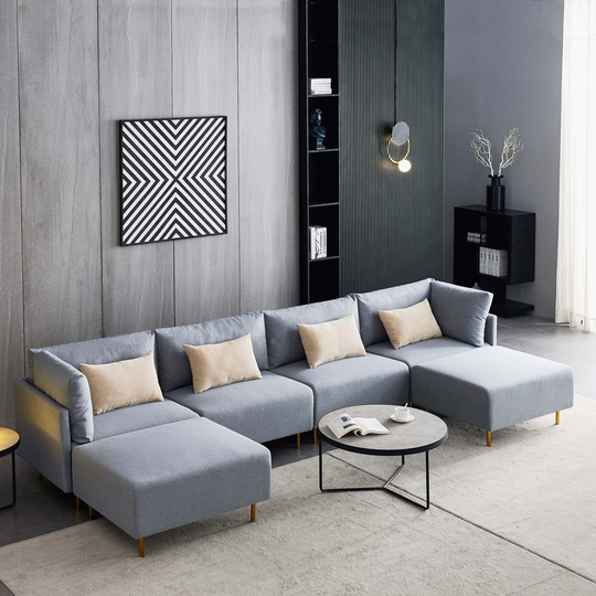 Modular U-Shape Linen Sectional Sofa with 6 Back Cushions and 4 Toss Pillows