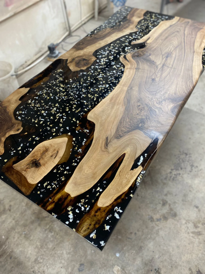Walnut Dining Table, Epoxy Custom 72" X 36" Black Gold & Silver Leaf River Order For Tercel