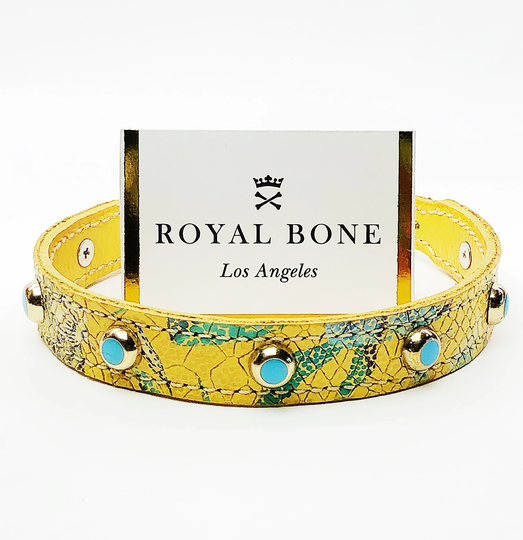 xxs-Large Sizes Marigold Printed Floral Leather Gold Rim Turquoise Studs Dog Collar + Brass Tag