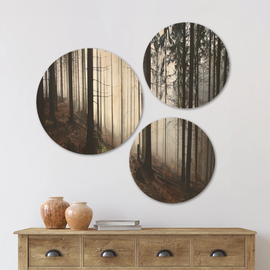 Designart 'Misty Forest Morning Panorama' Landscape Wood Wall Art Set of 3 Circles - Multi-Color