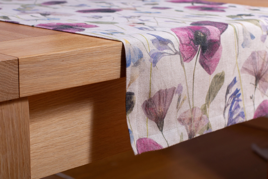 Linen Table Runner Digital Printed Dried Flowers Custom Size Wedding Runner, Handmade Washed Mitered Corner, Decoration