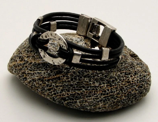 Women Leather Bracelet . Black With Silver Plated Textured Donut Medallion, Spacers & Clasp