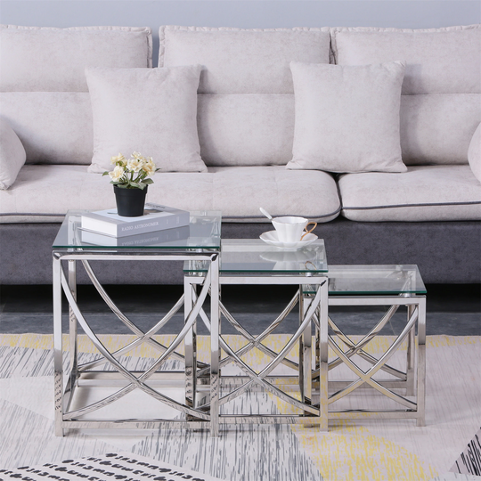 Silver Square Nesting Glass End Tables 3 Pieces