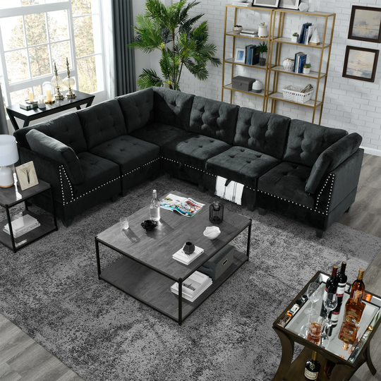 L-shape Modular Sectional Velvet Sofa Diy Combination Includes Three Single Chair and Three Corner Chair with Inlaid Rivet