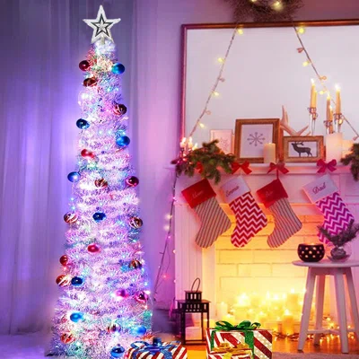 4' 11" H Silver Christmas Tree with LED Lights and Ball Ornaments