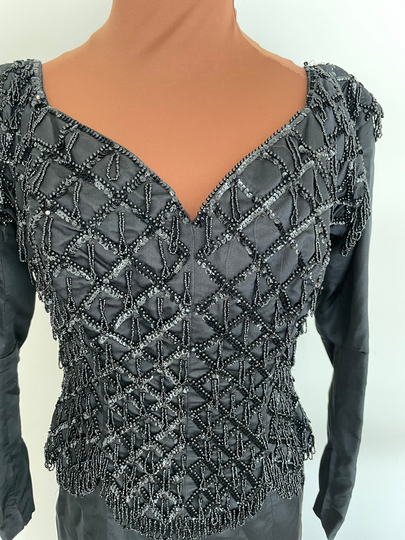 Midcentury Little Black Gown Of Beaded Top Over Satin Pencil Style Skirt Excellent Vintage Condition With Metal Zipper