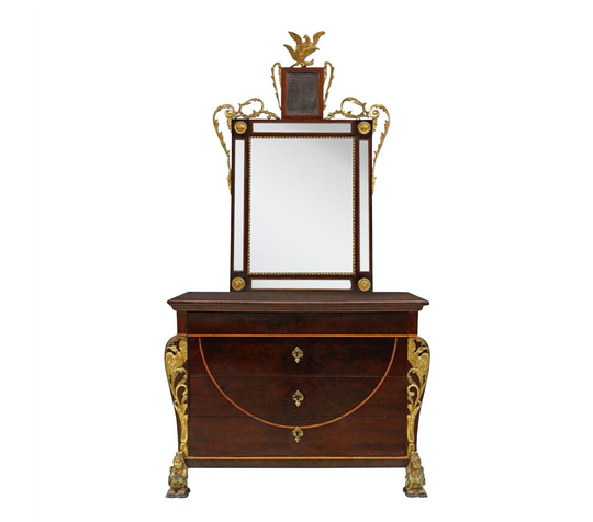 19Th Century Spanish Fernandino Empire Style Carved Giltwood Bombe Chest Of Drawers Commode & Mirror