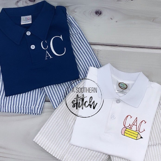 Back To School Polo Only| Mini Pencil + 3 Letter Monogram | White Embroidery