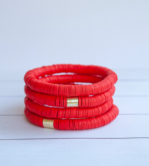 Red Clay Disc Stretch Bracelet | 8mm 1 Bright Polymer Stackable Stacking