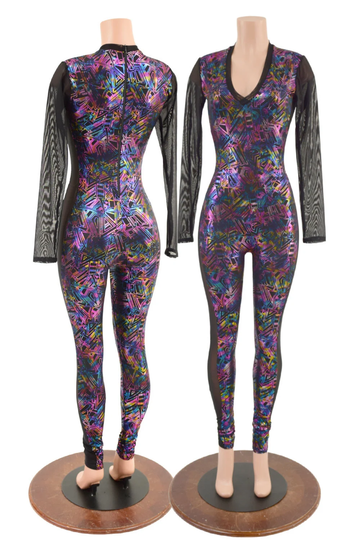 Cyberspace Catsuit With Sheer Black Mesh Side Panels & Long Sleeves. V Neck Trimmed in Black Mesh, Back Zipper 157718