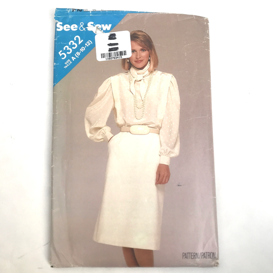 Trixy Xchange Vintage Butterick Sewing Pattern 5332 Size 8 10 12 80S Blouse With Neck Tie Misses Puff Sleeve Shirt Top Pencil Skirt Pockets