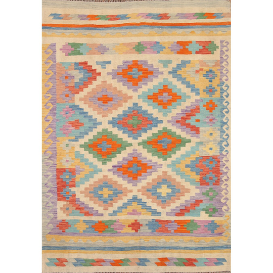 Multi-Color Southwestern Geometric Kilim Rug Flat-weave Wool Carpet - 5'0"x 6'9"