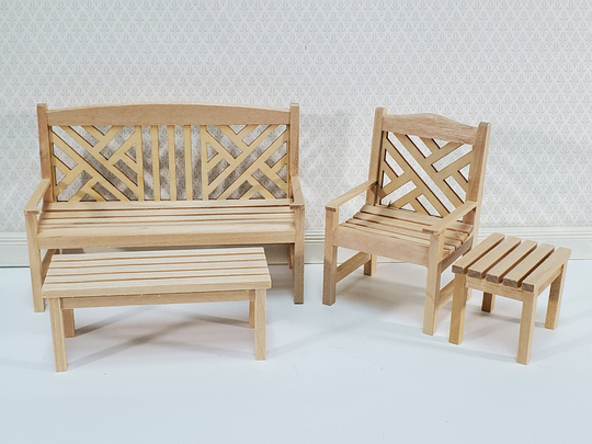 Dollhouse Patio Porch Set Chair Bench Tables Unpainted Wood 112 Scale Miniature Furniture