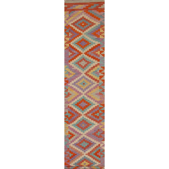 Colorful Kilim Geometric Oriental Runner Rug Hand-woven Wool Carpet - 2'7"x 16'6"
