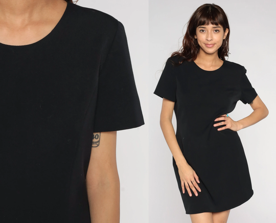 Black Mini Dress 90S Pencil Plain Short Sleeve Sheath Chic Classic lbd High Waisted Little Vintage 1990S Medium M 8
