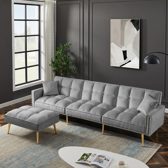 Velvet Reversible Sectional Sofa Bed with ottoman
