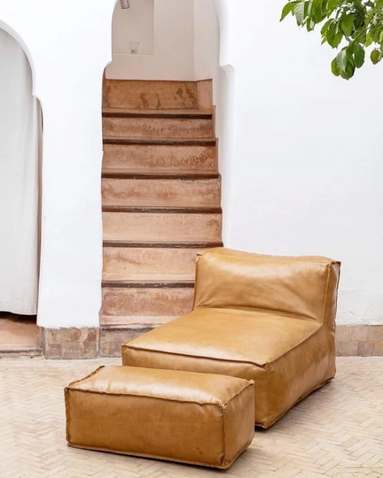 Leather Armless Sofa With A Square Ottoman - Boho Leather Lounger | Handmade Sofa, Couch, Bean Bag, For Rustic Living Room & Bedroom