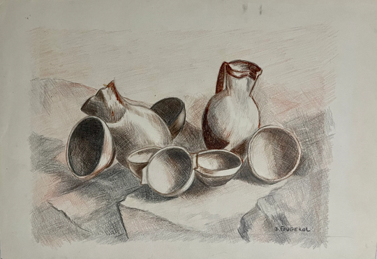 1980S French Vintage Colored Pencil On Paper Still Life. Bowls & Pitchers