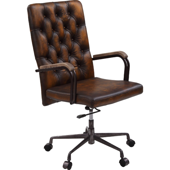 Office Chair with Leather Seat and Button Tufted Back, Brown