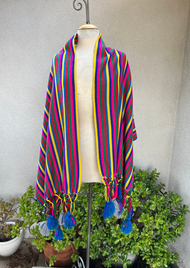 Vintage Mexican Rebozo Shawl Or Table Runner Stripes Green Blue Orange Yellow Fabric 26" X 68"