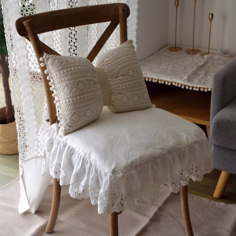 White Cotton Embroidered Chair Pads With Ties | Comfortable For Wedding 18" Cushion Ruffle Shabby Chic
