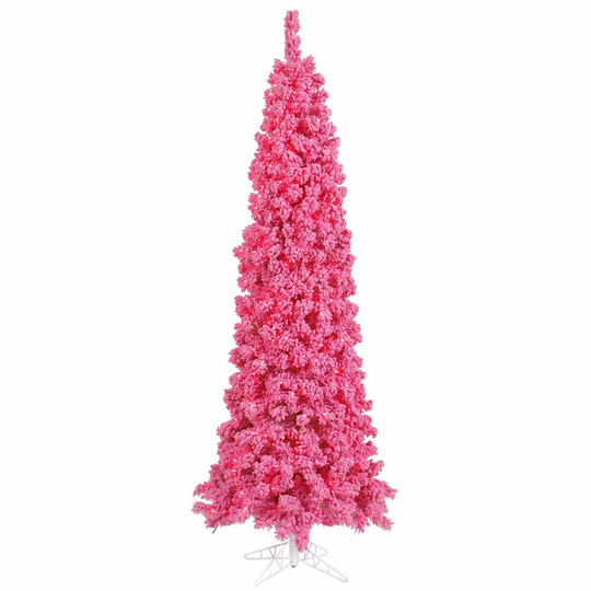 Vickerman 7.5' Flocked Pink Pencil Fir Artificial Christmas Tree, Pink Dura-lit LED Lights - Flocked Pink