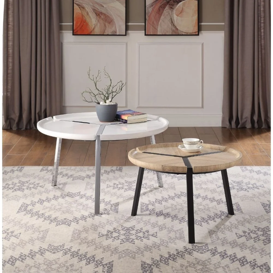 Q-Max White Natural Finish Wooden Round Top 2Pc Pack Nesting Tables