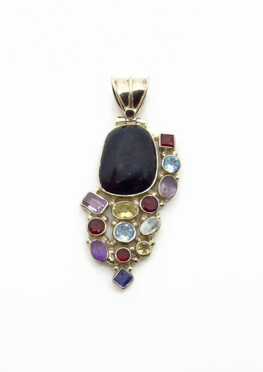 sterling Silver Large Multi Color Gemstones Pendant - Colorful Gems Pietersite, Iolite, Citrine, Amethyst, Garnet, Topaz, Quartz # 5444