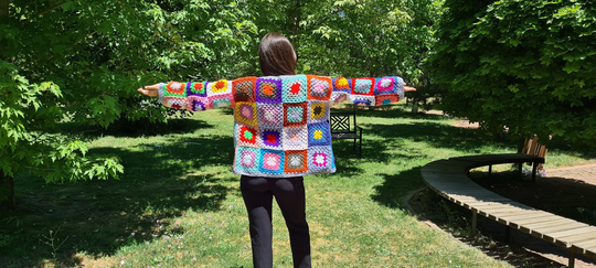 Crochet Colorful Women Wool Cardigan, Granny Square Patchwork Afghan Coat, Knit Jacket, Boho Hippi Cotton Coat