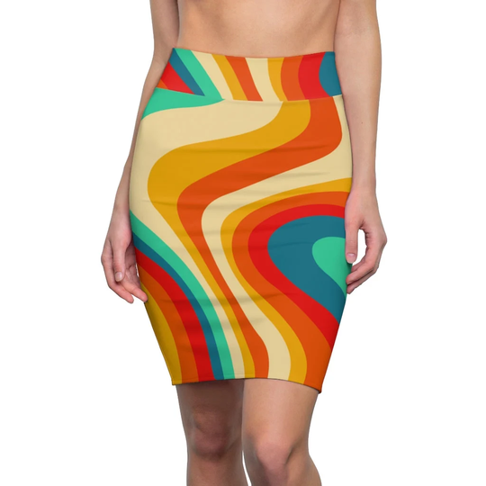 Retro Wave Women's Pencil Skirt, 60S 70S Aesthetic, Disco Wave Skirt