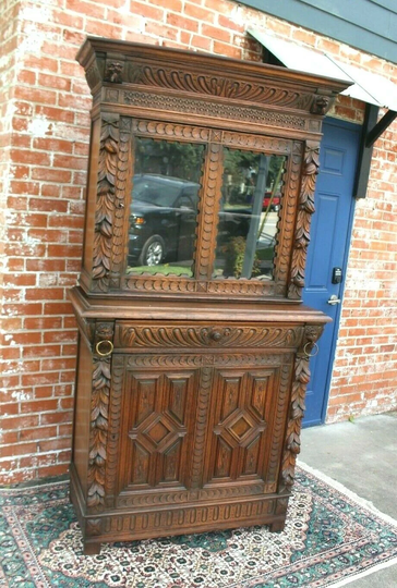 French Antique Dark Oak Renaissance Glass Display Case Buffet/Sideboard Hutch