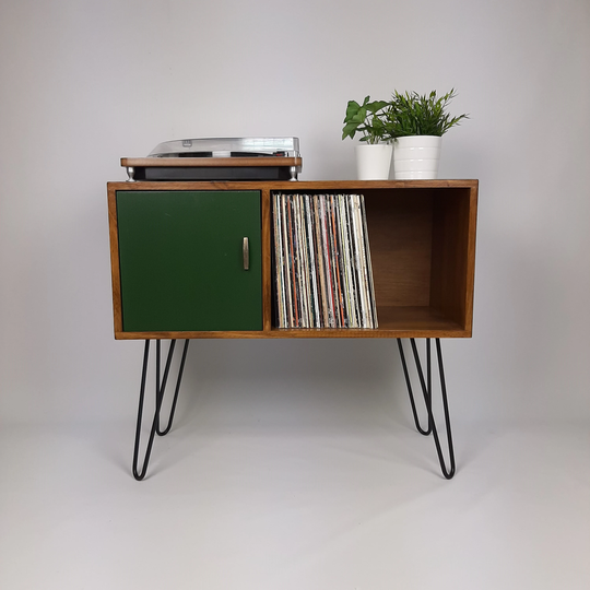 Vinyl Record Storage | Walnut Sideboard With Black Hairpin Legs Emerald Green