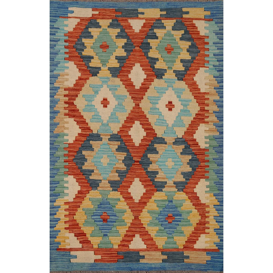 Multi-Color Geometric Kilim Oriental Area Rug Flat-weave Wool Carpet - 3'1" x 4'8"