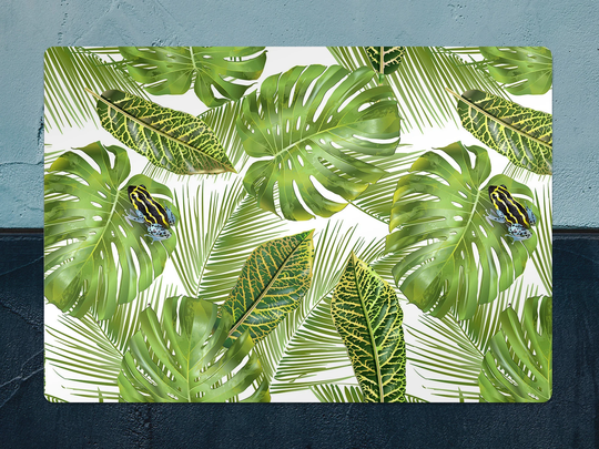 Tropical Leaves With Frog Chair Mat, Green Splat White Vinyl Floor Plants Protective Area Rug, Comfort Splash Mat