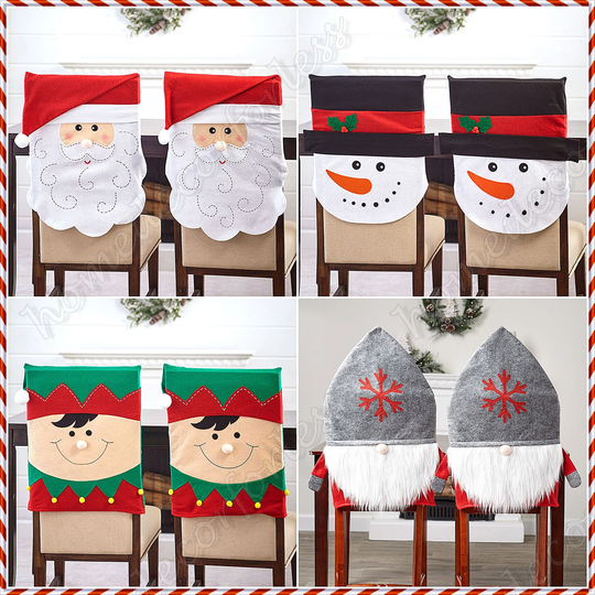 Seasonal Holiday Christmas Chair Covers | Dining Table Ornament Festive Home Décor Santa Snowman Elf Gnome Set Of 2