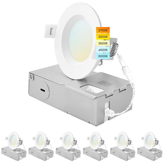 Luxrite 3" Ultra Thin LED Recessed Light J-Box 6W 5 Color Options Dimmable 400 Lumens IC Rated Baffle 6 Pack