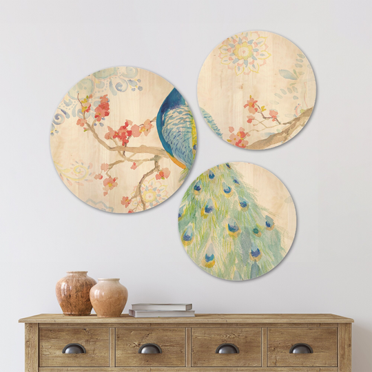 Designart 'peacocks Watercolor II' Traditional Wood Wall Art Set of 3 Circles - Multi-Color