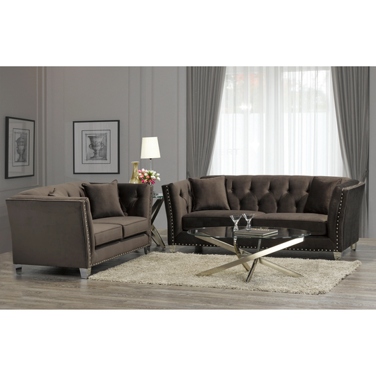 Harlow Modern Chocolate Brown Velvet Tufted Nailhead Sofa and Loveseat