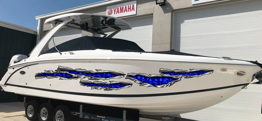 Ripped Metal Full Color Boat Decal, 3D Skulls Watercraft Graphics, Flag Skull Sticker, Speed Vinyl Wraps