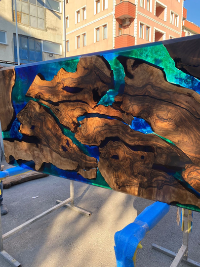 Epoxy Dining Table, Custom 80" X 36" Walnut Blue, Turquoise, Green Live Edge River For Anthony P