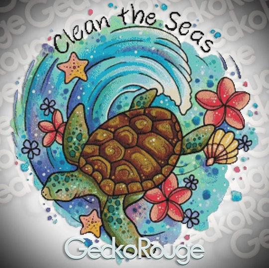 Clean The Seas By Lorna Laine Modern Cross Stitch Art Kit - Turtle 18 Count